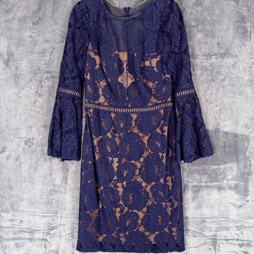 Tadashi Shoji Dress Womens 4 Navy Blue Bell Sleeve Sheath Wedding Guest